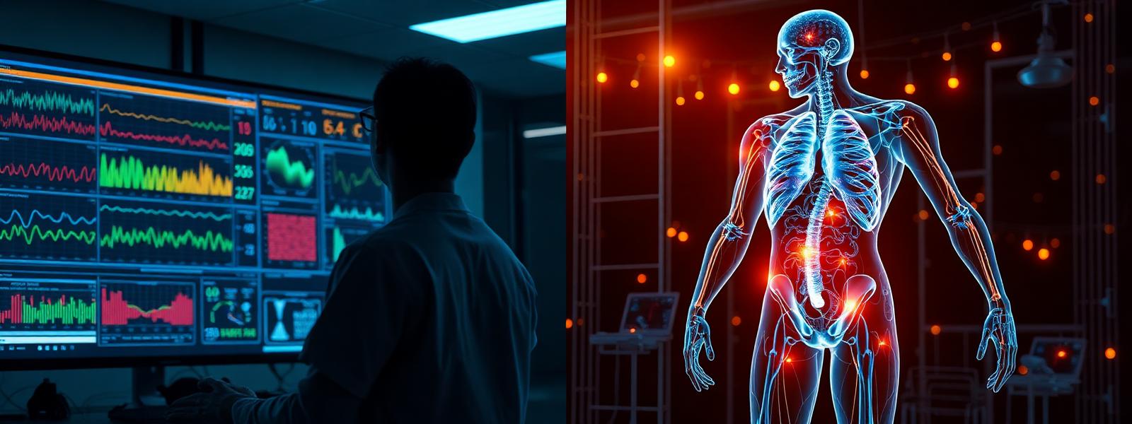 Clinician reviewing multimodal biosignal dashboards next to a holographic anatomical rendering with AI segmentation overlays.