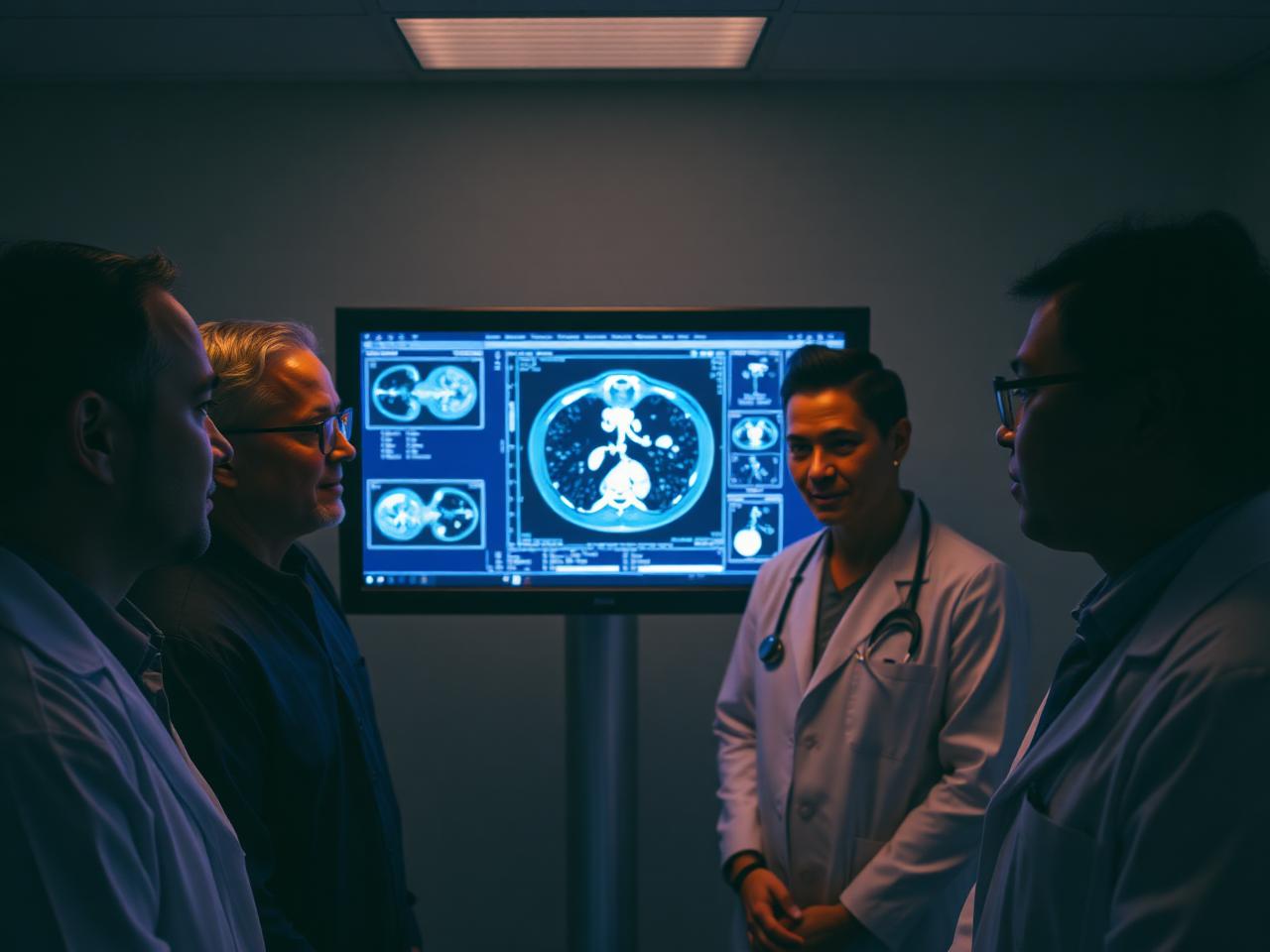Radiology team reviewing a chest CT with segmentation overlays in a reading room