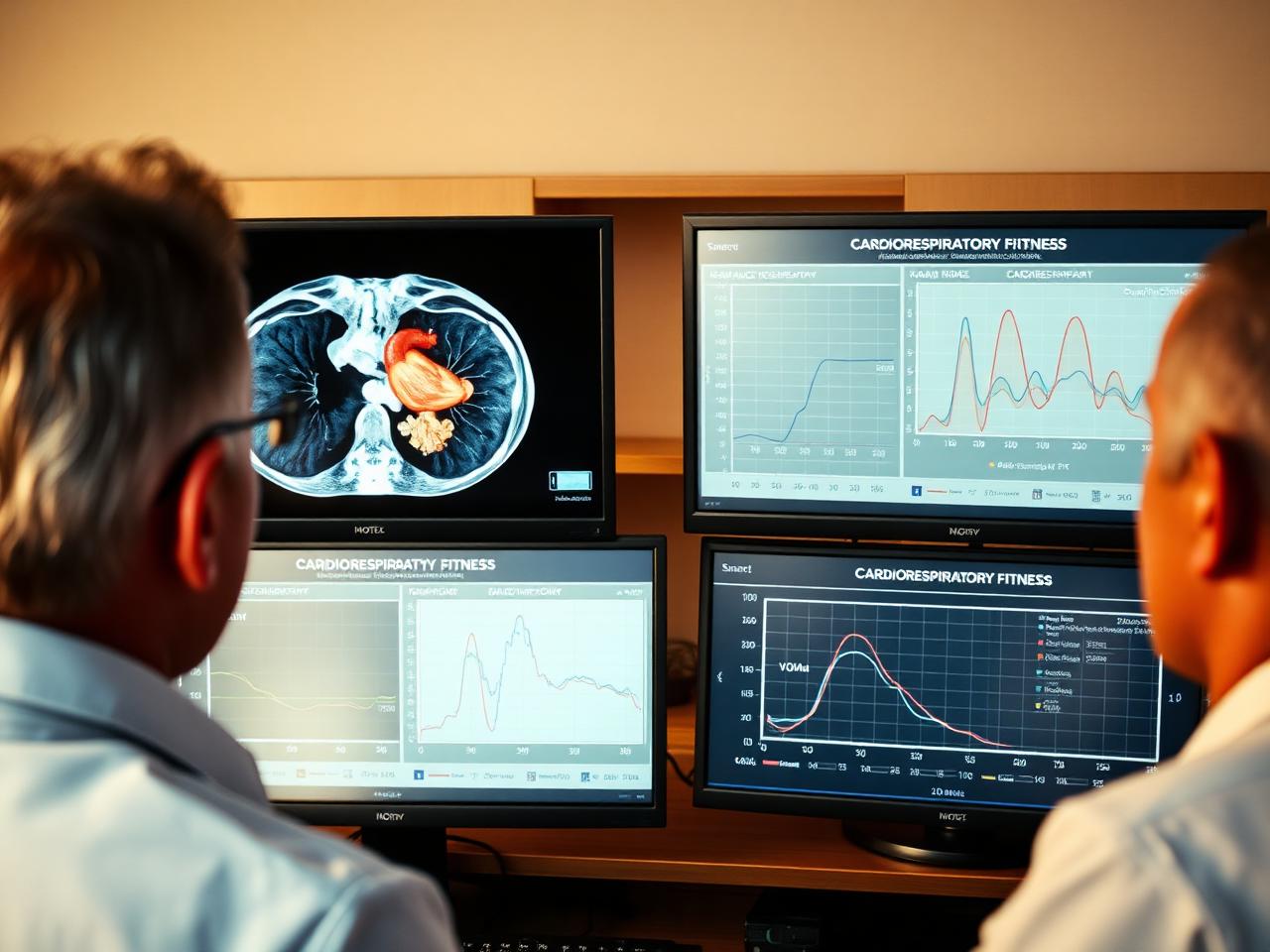 Two researchers comparing CT segmentation with cardiorespiratory fitness curves