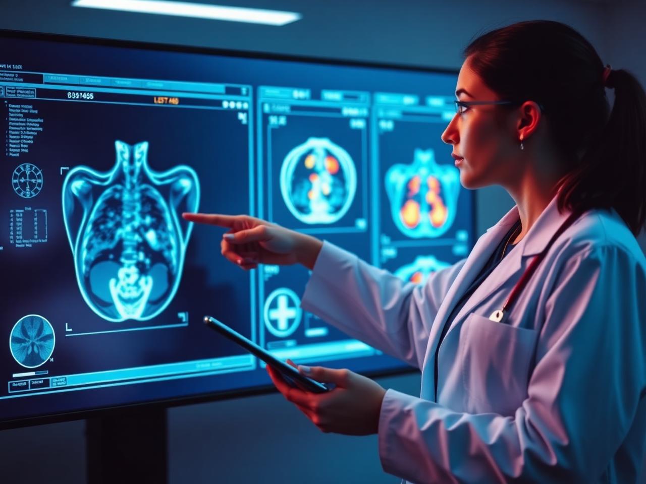 Researcher pointing at an AI-annotated CT scan while a colleague takes notes